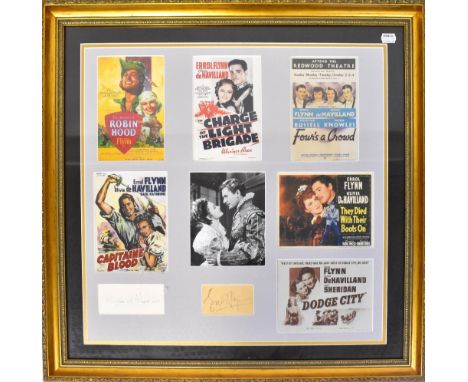 ERROL FLYNN &amp; OLIVIA DE HAVILLAND; a framed montage relating to the actors comprising advertising slips for 'The Adventur