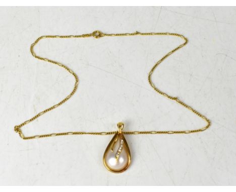  An 18ct gold pendant set with a teardrop-shaped pearl, and tiny diamonds, with hinged bail set with a clasp, on an 18ct yell