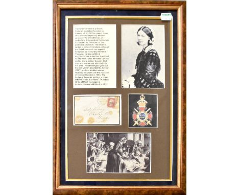 FLORENCE NIGHTINGALE; a framed montage with information pane regarding the famous figure beside a black and white photograph 