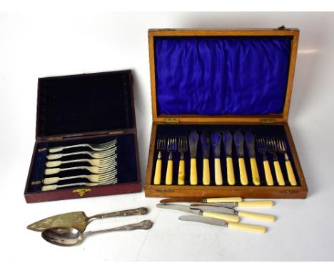 A quantity of silver plated cutlery and flatware, to include a cased set of six bone-handled fish knives and forks, various o