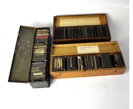 Three cases of vintage magic lantern slides, various subjects to include topographical, animals, poetry, family holidays, etc