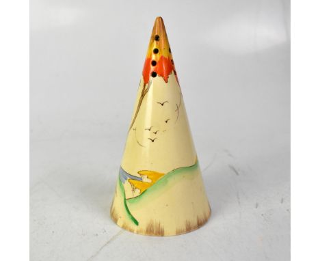 CLARICE CLIFF; a conical shaped sugar sifter in the 'Bonjour' orange trees and house pattern, by Wilkinson Ltd, height 14cm. 