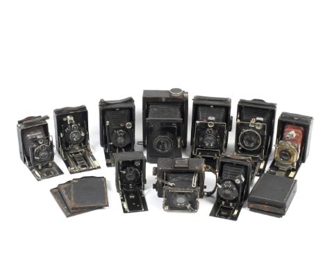 A collection of folding plate cameras to include a Zeiss Ikon Nettel with an Aldis-Butcher 5.75 inch 1:4.5 Anastigmat lens, a