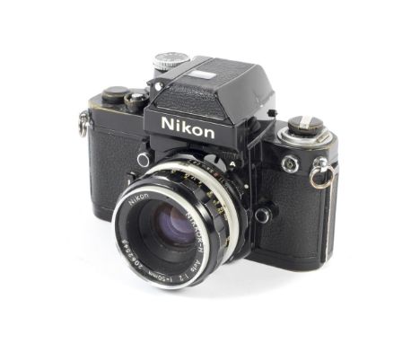 A black Nikon F2 35mm SLR camera. With DP-11 Photomic finder and 50mm 1:2 Nikkor-H lens