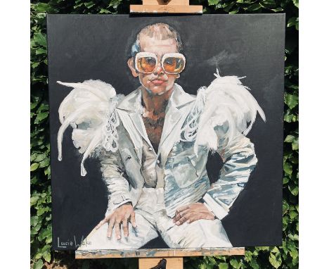 Lucie Wake, "Sir Elton John", oil on canvas, 60 x 60cm, c. 2021. It was all about the feather epaulettes! Elton you rock. UK 