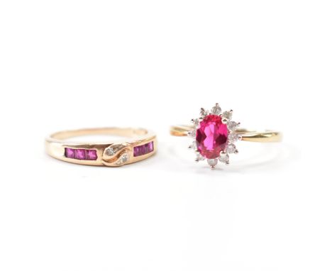 Two 9ct gold ruby and diamond rings. The lot to include a band ring channel set with calibre cut rubies with diamonds to the 
