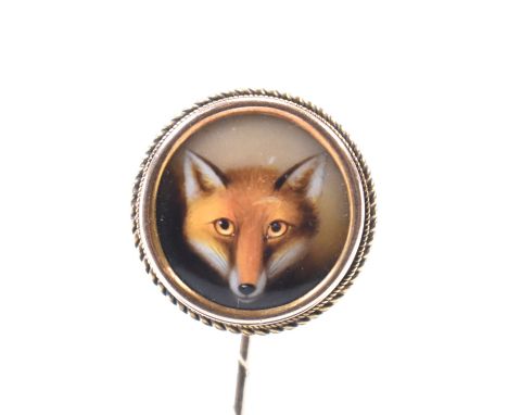 A 19th century Victorian signed gold &amp; enamel stick pin. The top with portrait of a fox within rope twist mount roundel. 