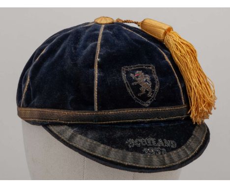 Ian Gibson blue Scotland Schools Cap, 1958, blue velvet cap the peak embroidered Scotland 1958