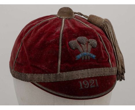 Ben Gronow red rugby league cap, 1921, red velvet with silver tassel and embroidered 1921, with black and white autographed p