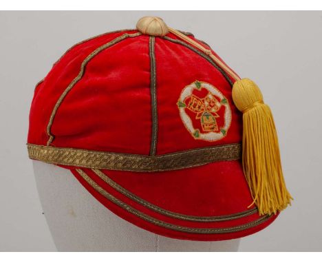 Red Great Britain Rugby League cap, 1960s, red velvet cap with yellow tassel and embroidered Great Britain crest&nbsp;