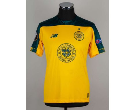 Mohamed Elyounoussi yellow and green No.27 Celtic v Lazio Europa League match worn short-sleeved shirt, 2019, New Balance, S,