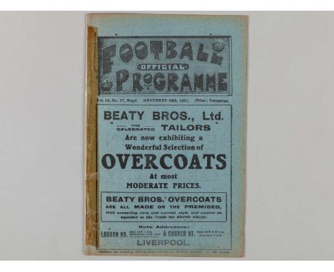 Liverpool v. Middlesbrough / Everton Reserves v. Stoke Reserves combined match programme, 19th November 1921, spined taped.