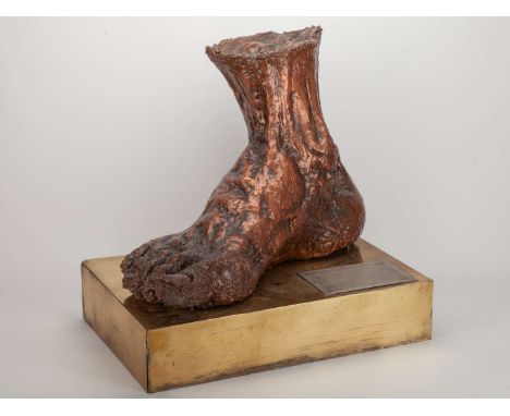 Pelé 1990 King of Kings trophy, a trophy presented to Pelé composed of a large copper foot mounted on a brass veneered wood b