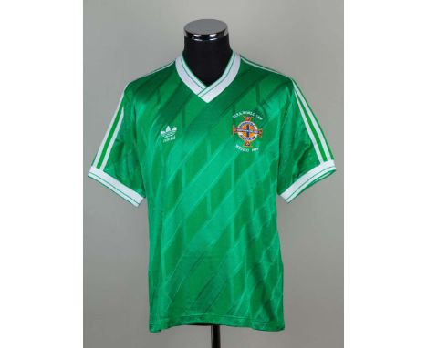 David McCreery green and white No.6 Northern Ireland short sleeved shirt, 1986, player issue, Adidas, size XL, crew neck coll