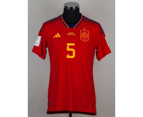 Sergio red and yellow No.5 Spain v. Costa Rica match issued short-sleeved shirt, 2022, Adidas, M, with v-neck collar and prin