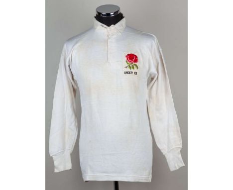 David Duckham white No.12 England Under 25 Rugby International match worn long-sleeved shirt. Lillywhite, with button-up coll