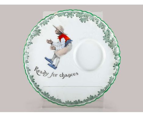 Rare Royal Doulton saucer transfer printed with figure of a young boy ready for a catch, and imprinted Ready For Chances, wit