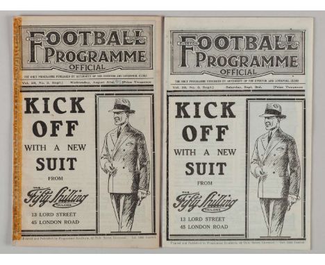 Liverpool v. Bury match programme, 31st August 1927, spine taped, ink date on cover and Liverpool v. Aston Villa / Everton Re