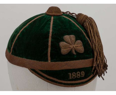 John Joseph Cotton green 1889 Irish international rugby cap, green velvet cap with gold tassel and trim embroidered with Sham