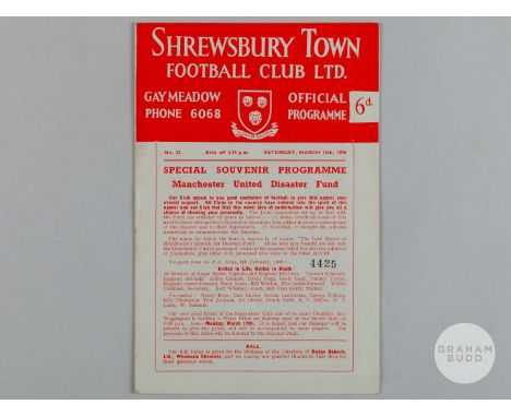 Shrewsbury Town v Southend United souvenir Manchester United Disaster Fund match programme, 15th March 1958.