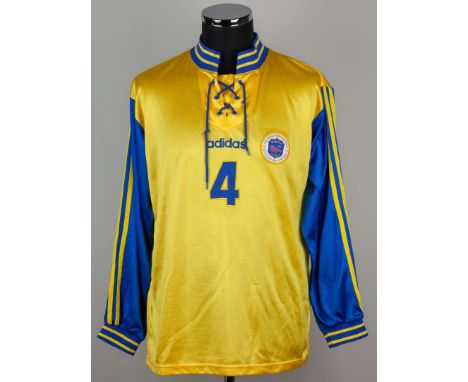 Mike Duxbury yellow and blue No.4 Hong Kong XI v. International Opposition long-sleeved shirt, Adidas, XL, with lace-up colla