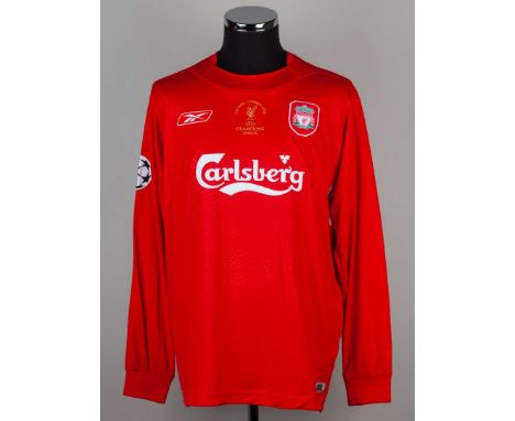 Fernando Morientes red No.19 Liverpool v. AC Milan match issued long-sleeved shirt, 2005, Reebok, L, with crew-neck collar an