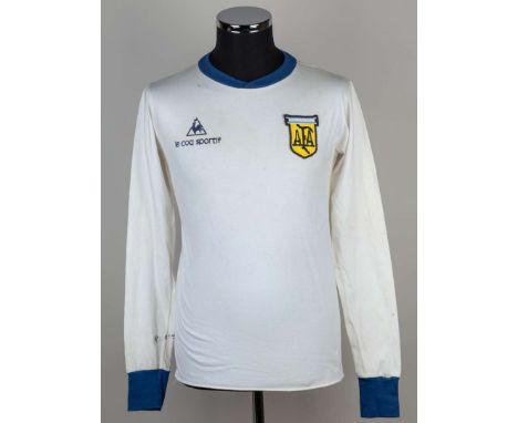 Maradona white and blue No.10 Argentina long-sleeved shirt, 1981, with crew-neck collar and embroidered cloth badge inscribed