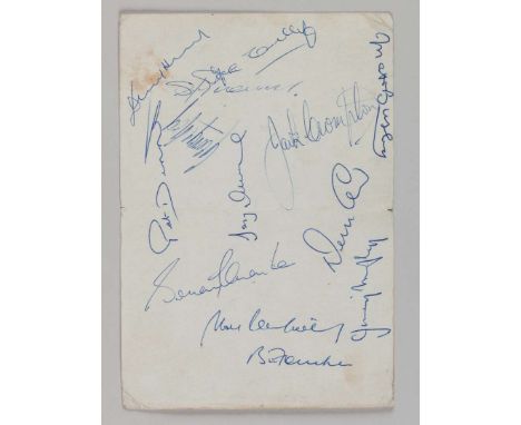 Manchester United signed menu card, dated 25th September 1965 including Dunne, Brennan, Tony Dunne, Foulkes, Herd, Connelly, 