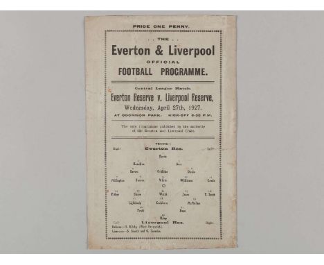 Everton Reserves v. Liverpool Reserves single sheet match card, 27th April 1927, creased, tape repairs.