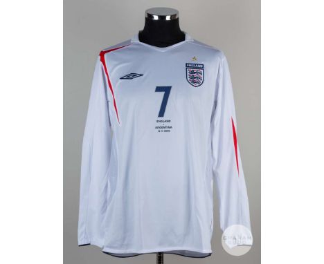 David Beckham white No.7 England long sleeved shirt v Argentina November 12th 2005, Player issue, Umbro size L, crew neck col