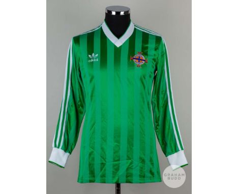 Viv Anderson green and white No.17 Northern Ireland v. England long-sleeved shirt, Adidas, 1984, with v-neck collar and embro