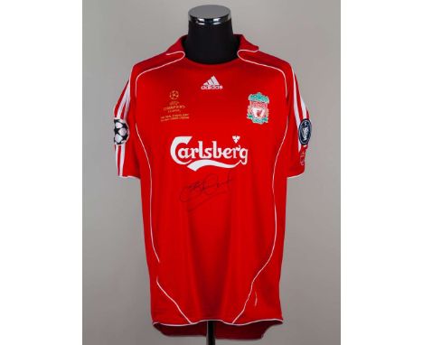 Steven Gerrard red No.8 Liverpool v. AC Milan Champions League short-sleeved shirt, 2007, Adidas, XL, with crew-neck collar a