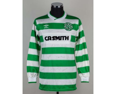 Green and white Celtic autographed long-sleeved shirt, 1985-87, Umbro, Mens, with crew-neck collar and embroidered cloth badg