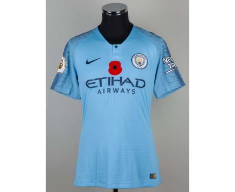 Nicolas Otamendi sky blue No.30 Manchester City short sleeved shirt, 2018-19, player issue, Nike, size L, crew neck collar, e