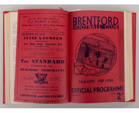 A bound volume of Brentford FC programmes from 1937-38, including Manchester United, F.A.Cup, 12th February 1938, punch holes