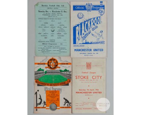 Four Manchester United Reserve aways programmes, 1955-56 at Blackpool, Wolves, Barnsley, some small paper loss on top corners