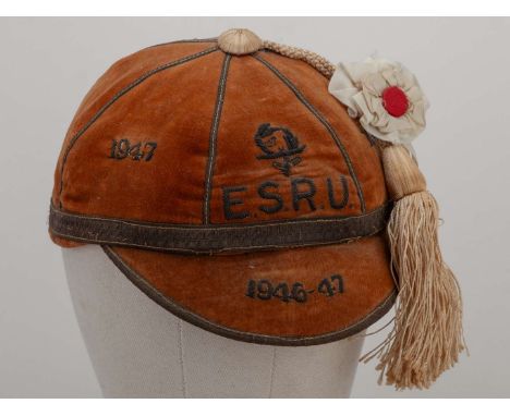 Clive Prigmore red England Schools rugby union cap, 1947-48, embroidered E.S.R.U. 1946-47 1947-48, with match programme&nbsp;