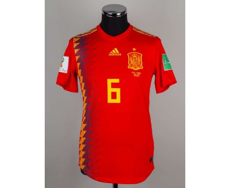 Andres Iniesta red and yellow No.6 Spain v. Russia match issued short-sleeved shirt, 2018, Adidas, 4, with v-neck collar and 