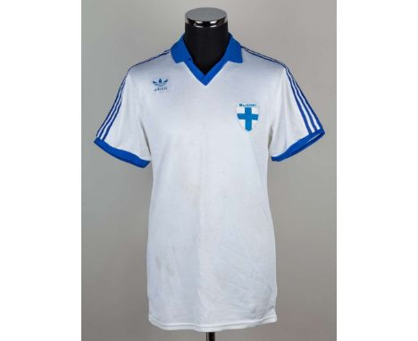 Mike Duxbury Esa Pekonen white and blue No.2 Finland v. England match worn short-sleeved shirt, 1984, Adidas. XL, with v-neck