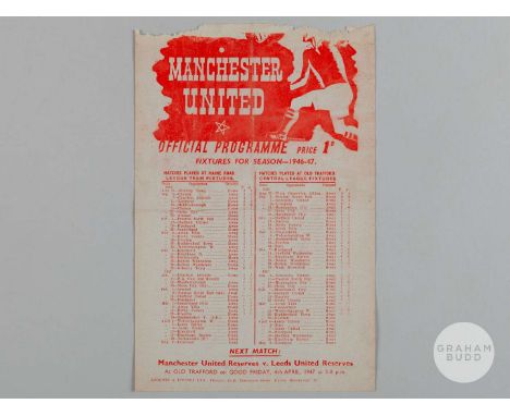 Manchester United Reserves v Everton Reserves single-sheet match programme, 29th March 1947, some paper loss to edge.