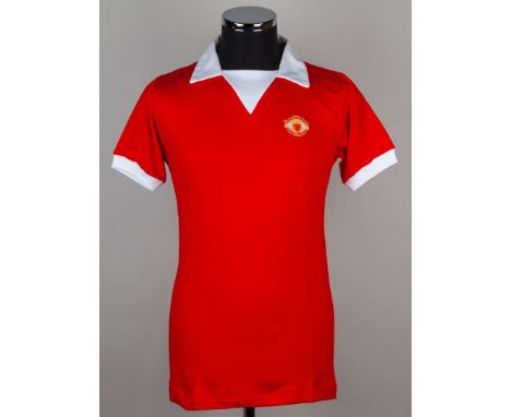 Rare red and white No.6 Manchester United short-sleeved shirt, 1970s, Umbro, 38/40, with v-neck style collar and embroidered 