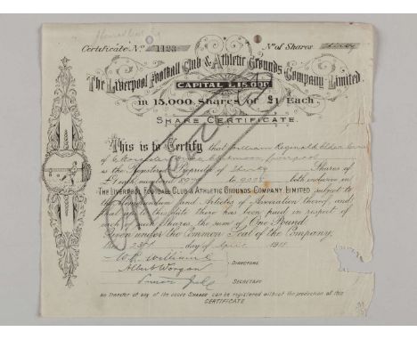 Liverpool Share Certificate, 23rd April 1913, to William Reginald Elder Cross, cancelled, share Nos. 8979 to 9008, punch hole