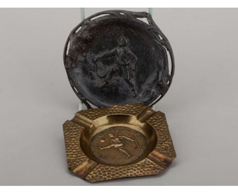 A brass 1924 Olympic ashtray decorated with figure of a footballer, inscribed JEUX OLYMPIQUE PARIS 1924 and 1924 Tennis relat