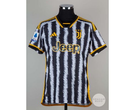 Paul Pogba black, white and yellow No.10 Juventus short-sleeved shirt, 2023-24, player issue, Adidas, size 8, crew neck colla