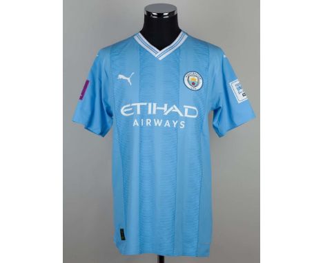 Josko Gvardiol blue and white No.24 Manchester City match issued short-sleeved shirt, 2023-24, Puma, XL, with crew-neck colla