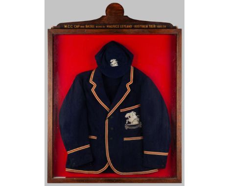 Maurice Leyland a M.C.C. Cricket blazer and tour cap, 1929, blazer inscribed 1928- AUSTRALIA -1928 framed and glazed, 95 x 84