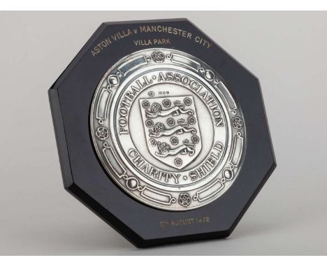 Silver-mounted and black bakelite Charity Shield plaque, 1972, inscribed FOOTBALL ASSOCIATION CHARITY SHIELD, ASTON VILLA v &