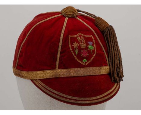 Mike Sullivan red Great Britain v. France Rugby League cap, 1957, red velvet cap with gold tassel with embroidered Great Brit