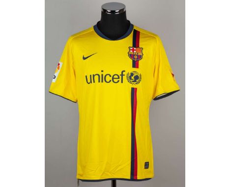 Thierry Henry yellow No.14 Barcelona match worn short-sleeved shirt, 2009-10, Nike, L, with crew-neck collar embroidered clot