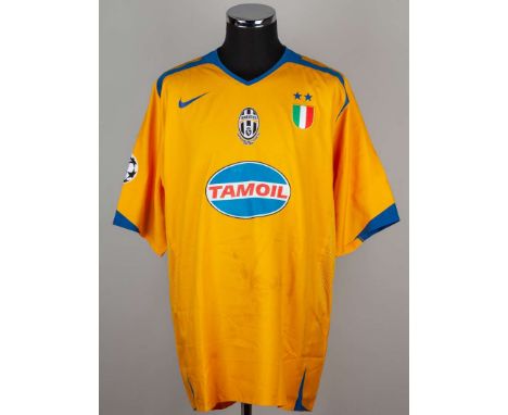 Patrick Vieira yellow No.4 Juventus v. Club Brugge match issued short-sleeved shirt, 2005, Nike, XXL, with v-neck collar and 